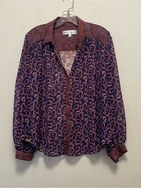 Chelsea and Theodore Semi Sheer Blouse Relax Fit Long Sleeve Blue Pink Size M